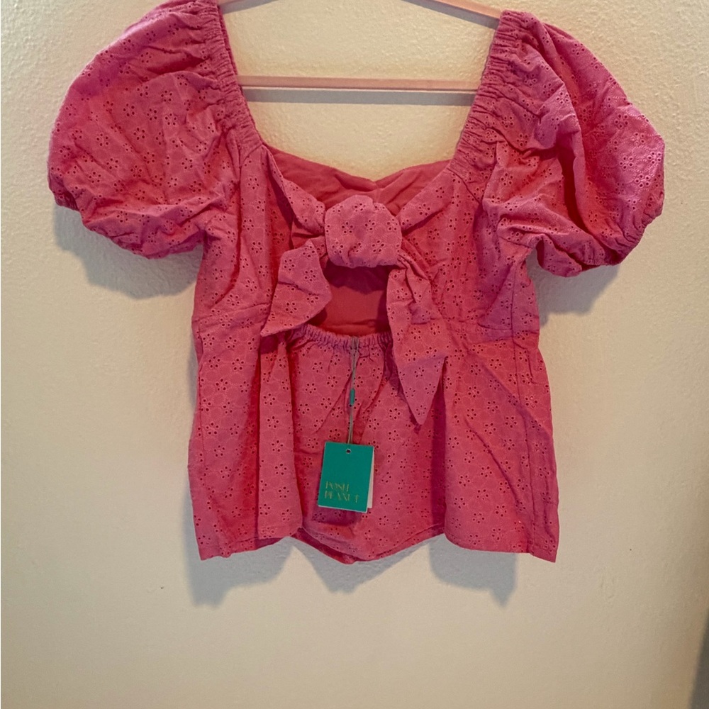 Posh Peanut Pink Eyelet Peplum Puff-Sleeve Top - Picture 4 of 6